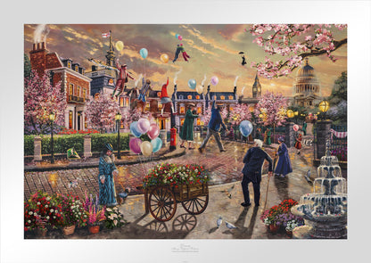 Mary Poppins at a distance, slowly moves towards the setting sun, in the  town square Mary is in the far distant - paper unframed