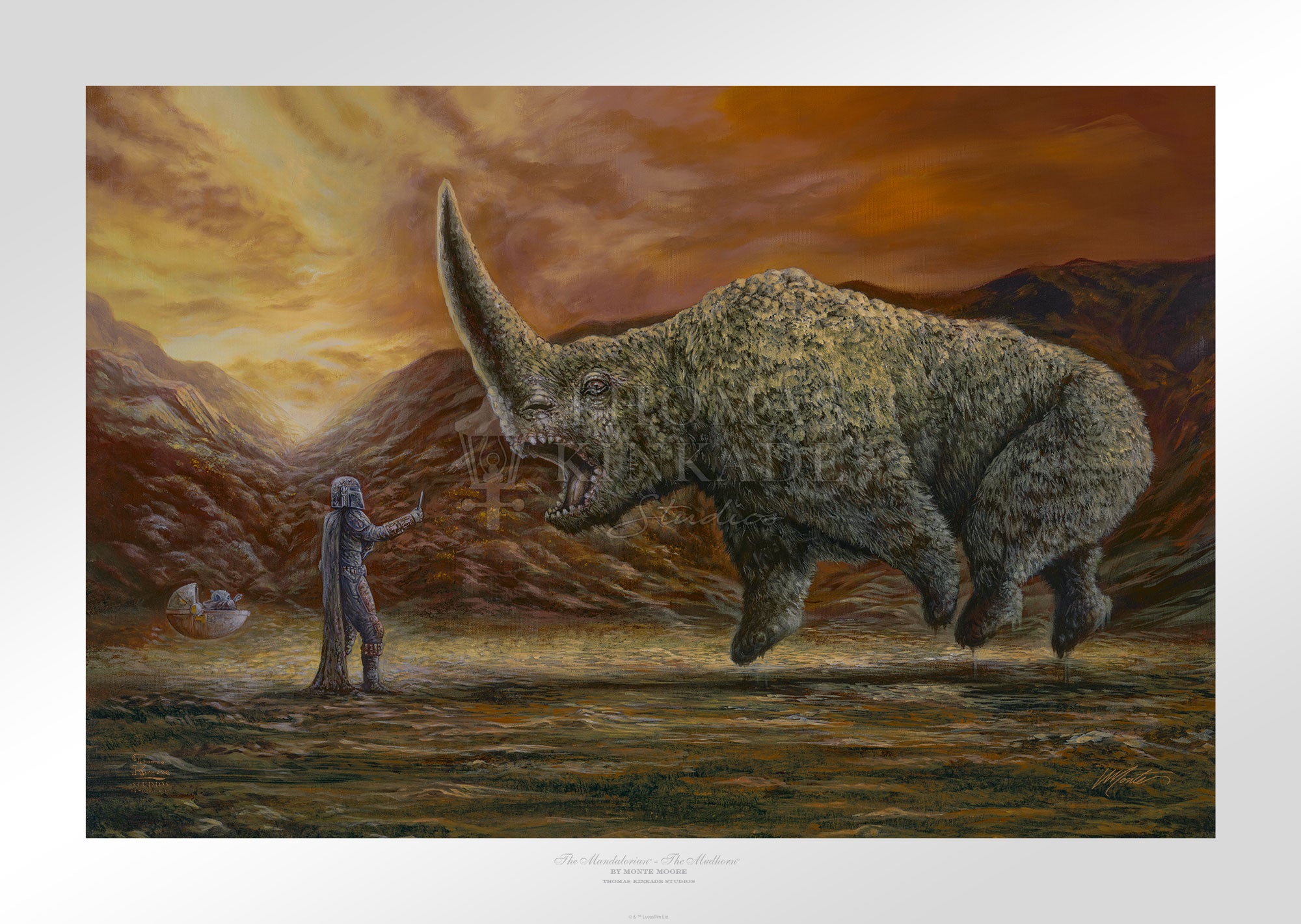 Mando and the Child confronts the Mudhorn beast. - Unframed Paper