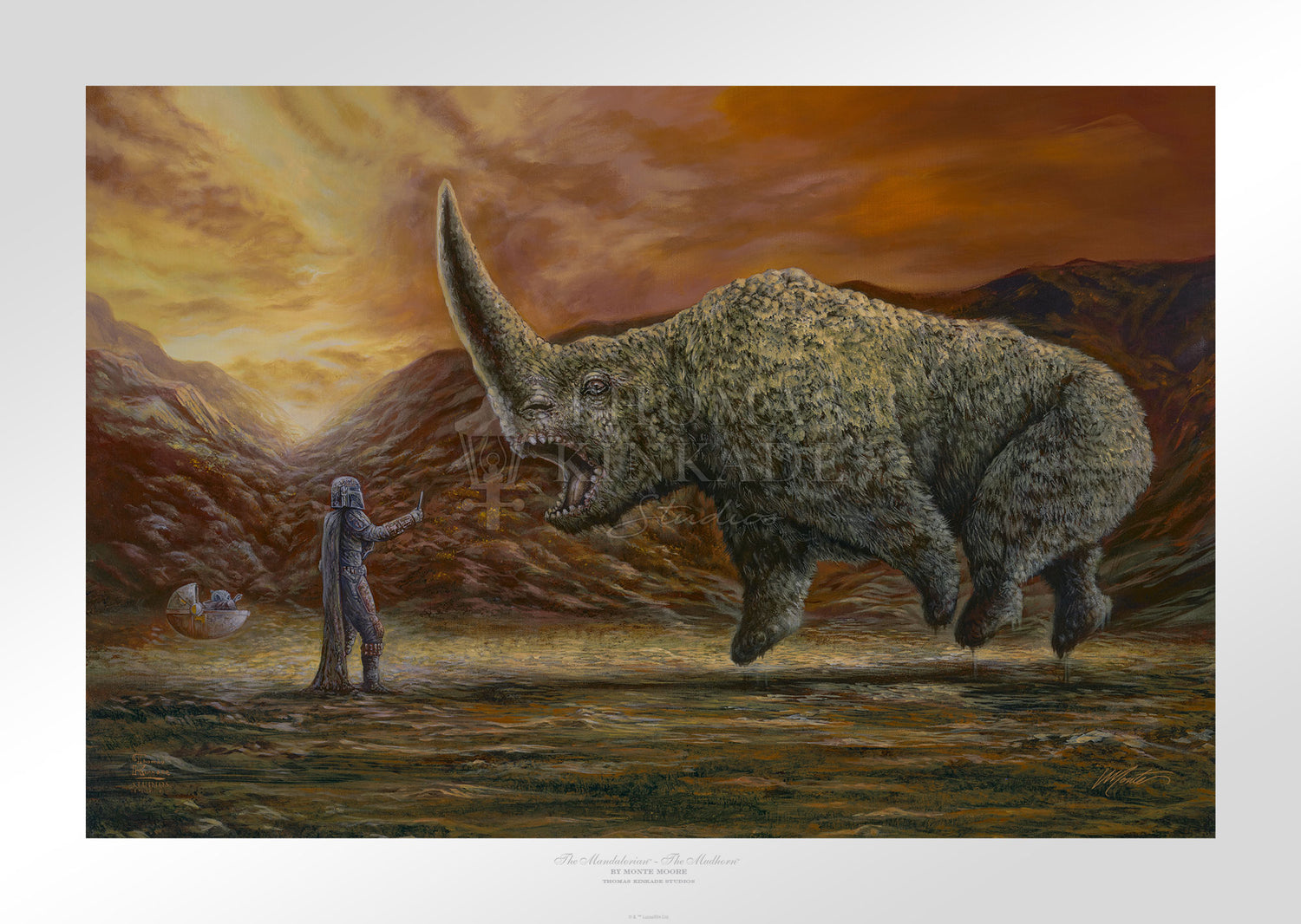 Mando and the Child confronts the Mudhorn beast. - Unframed Paper