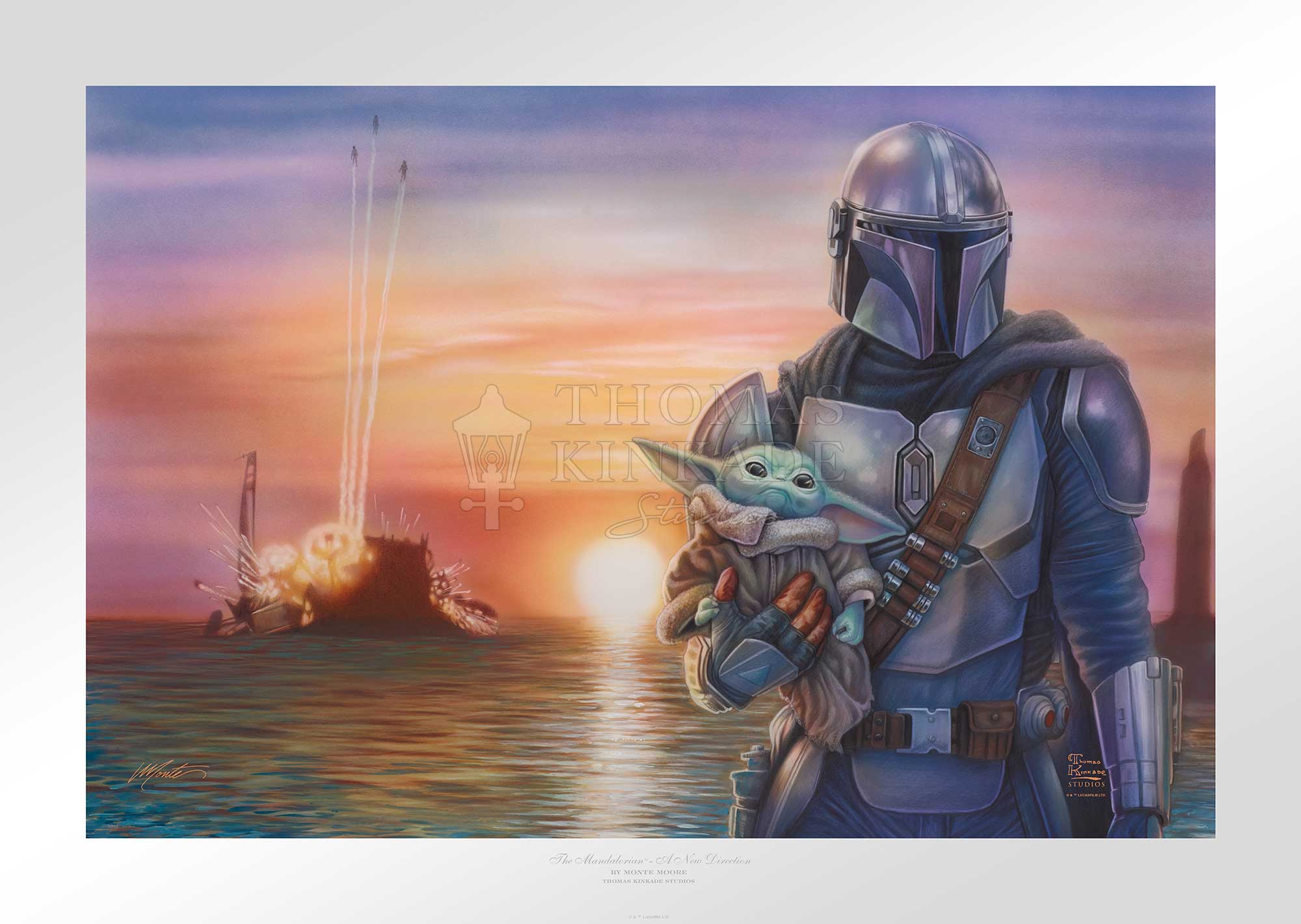 Mando holds Grogu in his arms as he walks away from the blast. Unframed  - Paper