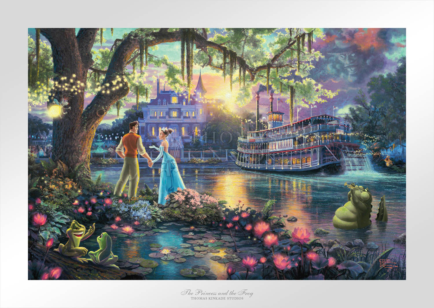 Tiana meets Prince Naveen, who are later turned into an amphibian by evil Dr. Facilier share the stage with the bayou river swamp. 