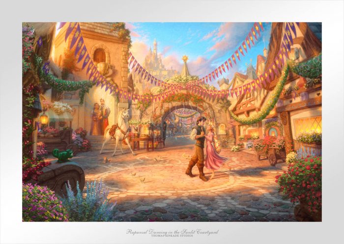 The day is bright with vibrant sunshine, which seems to glisten and sparkle on the stones and flowers. Flynn is looking deeply into the eyes of Rapunzel as he twirls her around the courtyard. - Unframed