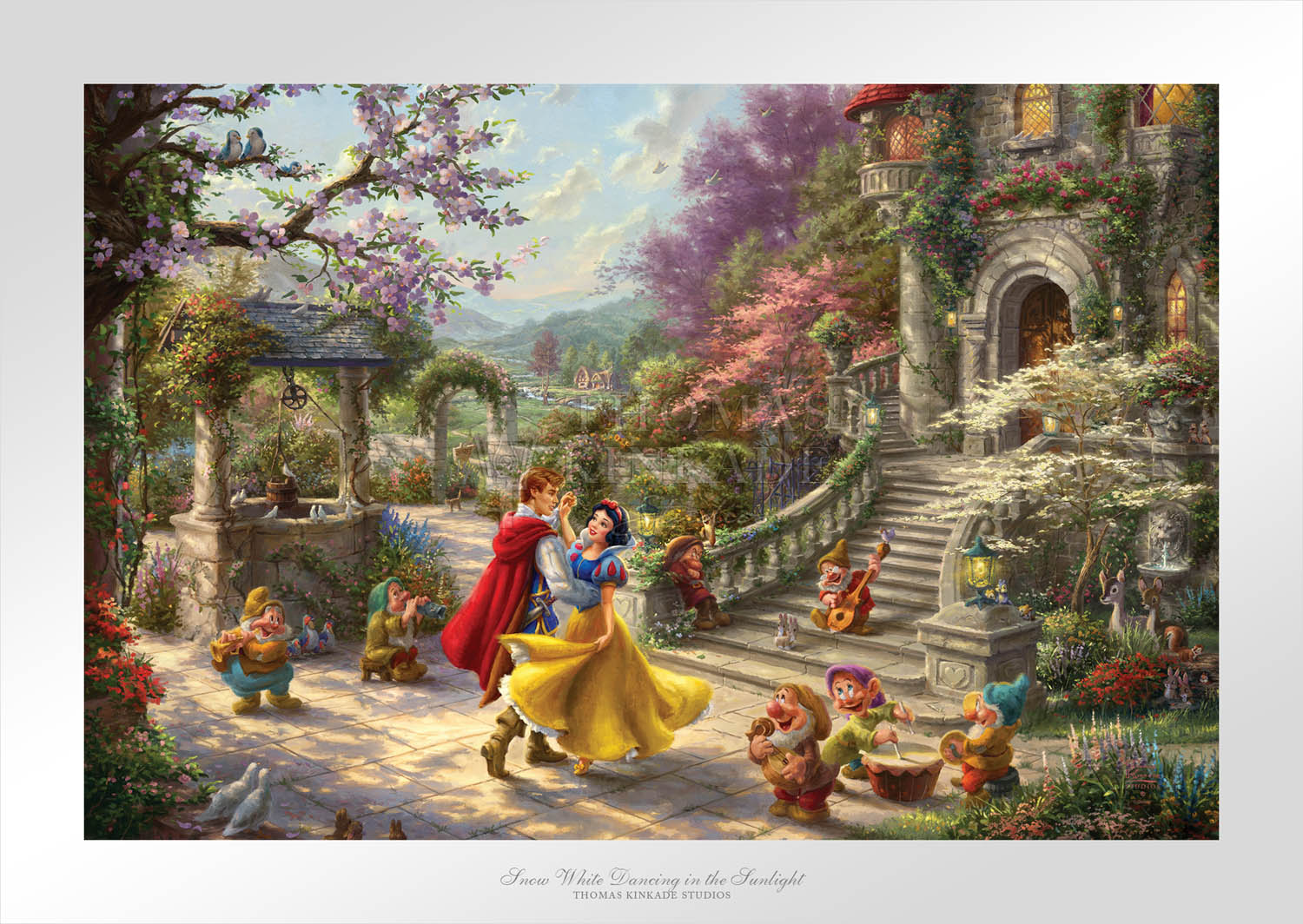 This romantic scene takes place in the courtyard of the kingdom’s castle, where Snow White and all of her friends are celebrating the defeat of the wicked Queen and reuniting of true love.