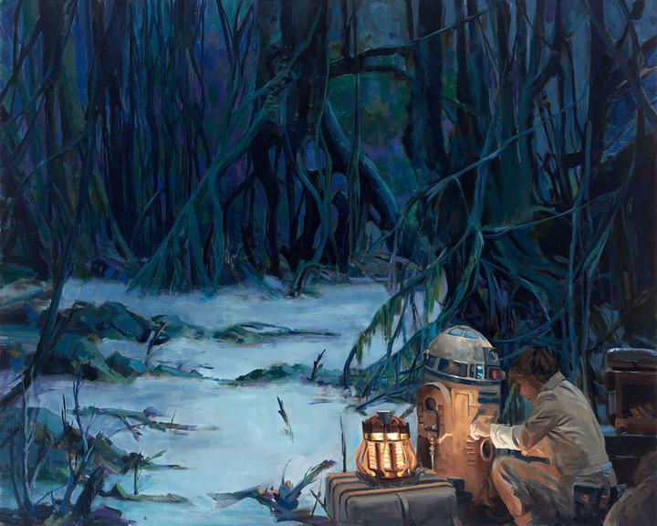 Luke Skywalker and R2_D2 are in the muddy swamps of Dagobah.