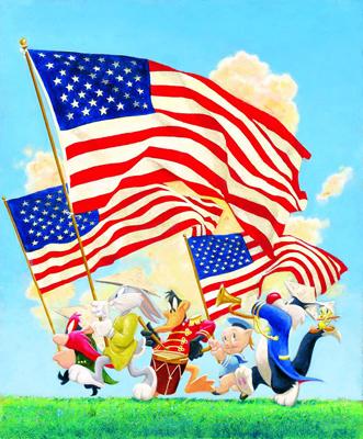 The “Looney Lineup" features Bugs Bunny, Daffy Duck, Porky Pig, Yosemite Sam, Sylvester and Tweety holding up the america's flags. 