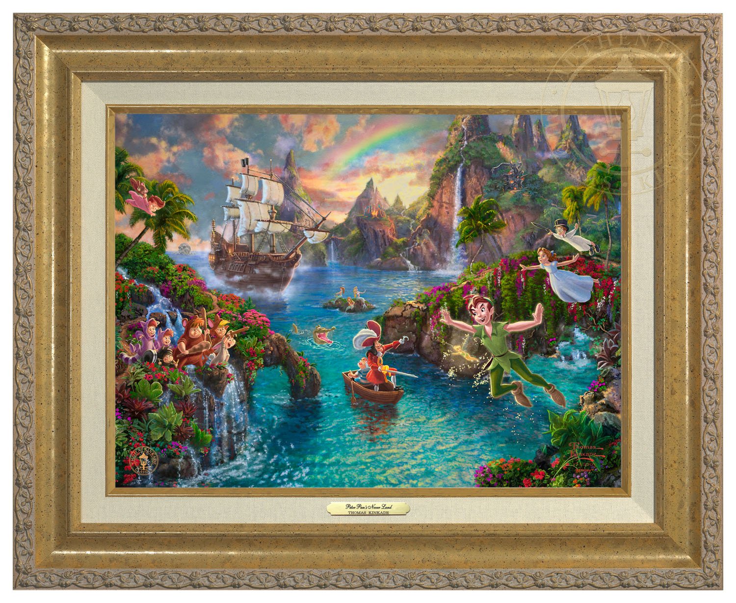 Peter battling his nemesis Captain Hook, with the help of Wendy, Michael, John, The Lost Boys, and his beloved pal Tinker Bell - Antique Gold Frame
