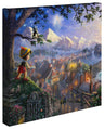 Pinocchio stands upon a hillside overlooking the setting of his adventures. A view of  Honest John and Geppetto's workshop where Pinocchio was created. On the right is Pleasure Island and Monstro the whale preparing to engulf Geppetto's sailing vessel. Butterflies and sparkles lend magical accents as the Blue Fairy, and Jiminy Cricket 14x14