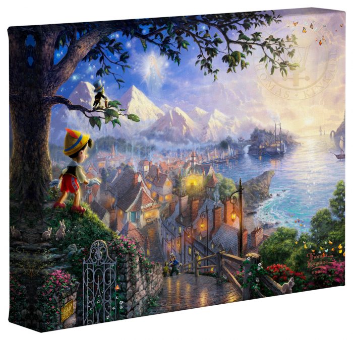 Pinocchio stands upon a hillside overlooking the setting of his adventures. A view of  Honest John and Geppetto&