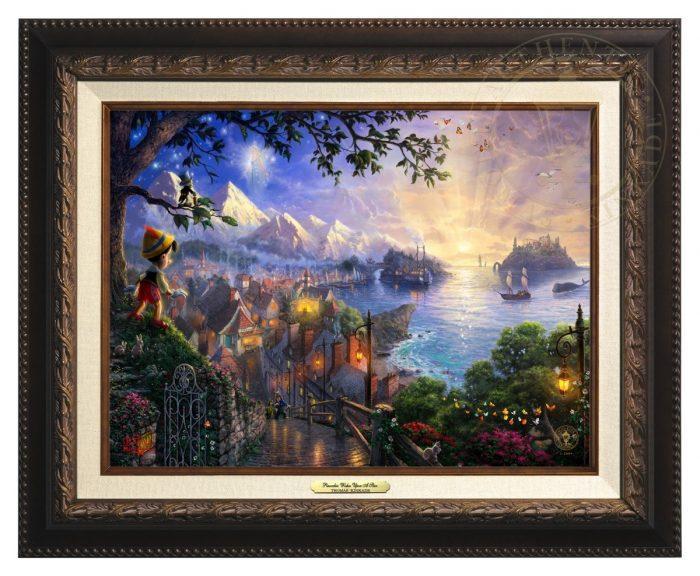 Pinocchio Wishes Upon A Star by Thomas Kinkade.  Pinocchio upon a hillside overlooking the setting of his adventures. Geppetto’s workshop where Pinocchio was created - Aged Bronze Frame