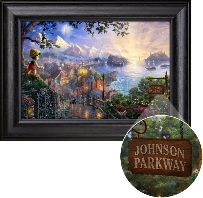 Pinocchio stands upon a hillside overlooking the setting of his adventures.  Satin Black Frame