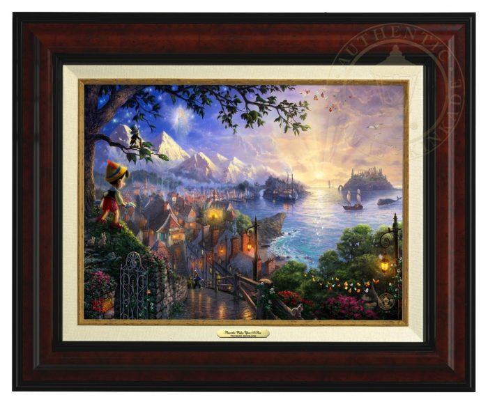 Pinocchio Wishes Upon A Star by Thomas Kinkade.  Pinocchio upon a hillside overlooking the setting of his adventures. Geppetto’s workshop where Pinocchio was created - Burl Frame