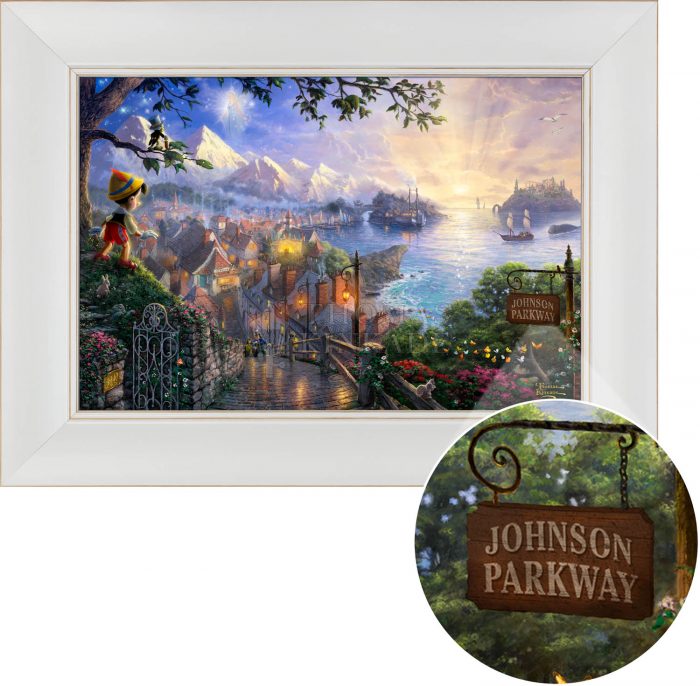 Pinocchio stands upon a hillside overlooking the setting of his adventures.  Victorina White - Frame