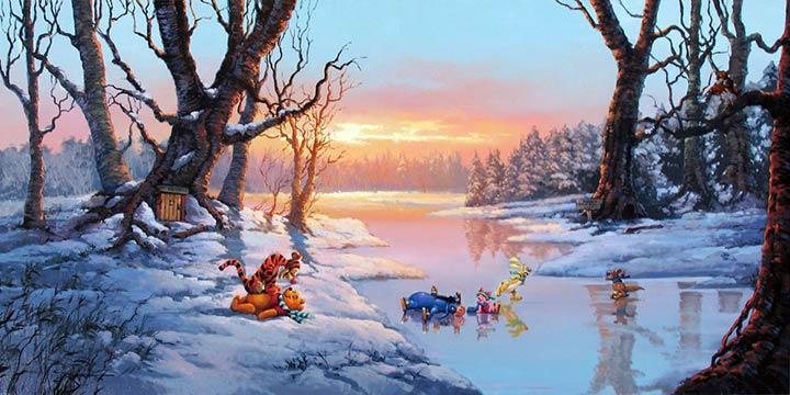  Winnie the Pooh, playing around with Tigger on a snowy winter day,  while Eeyore, Piglet, Rabbit, Roo skate in pond.