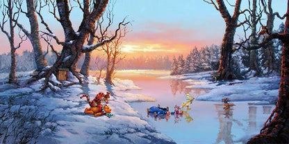  Winnie the Pooh, playing around with Tigger on a snowy winter day,  while Eeyore, Piglet, Rabbit, Roo skate in pond.