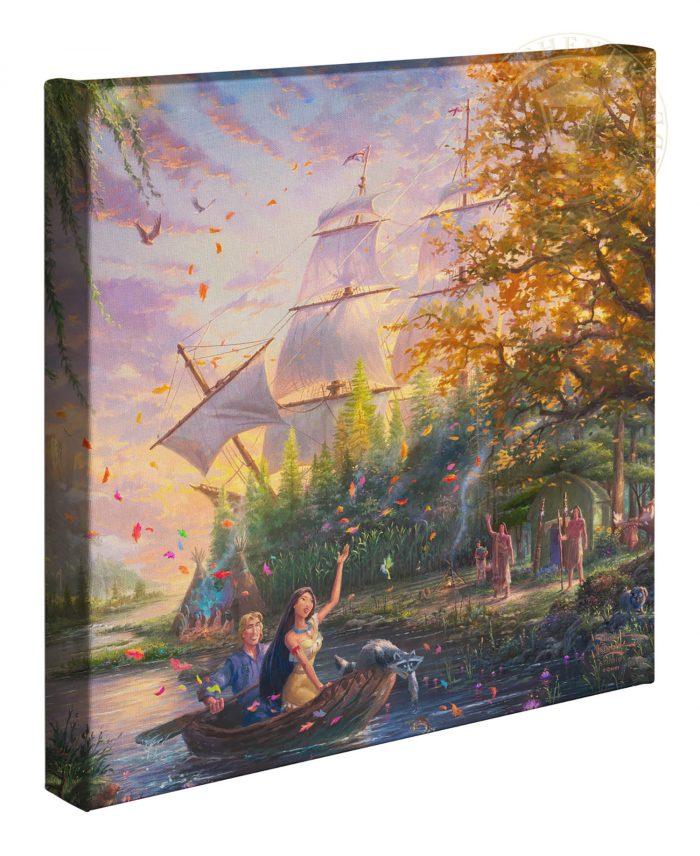 Pocahontas friends Meeko and Hummingbird Flit, keep close as she and John Smith travel downstream, as her best friend Nakoma and other members of the Powhatan tribe waive as they pass by. 14x14