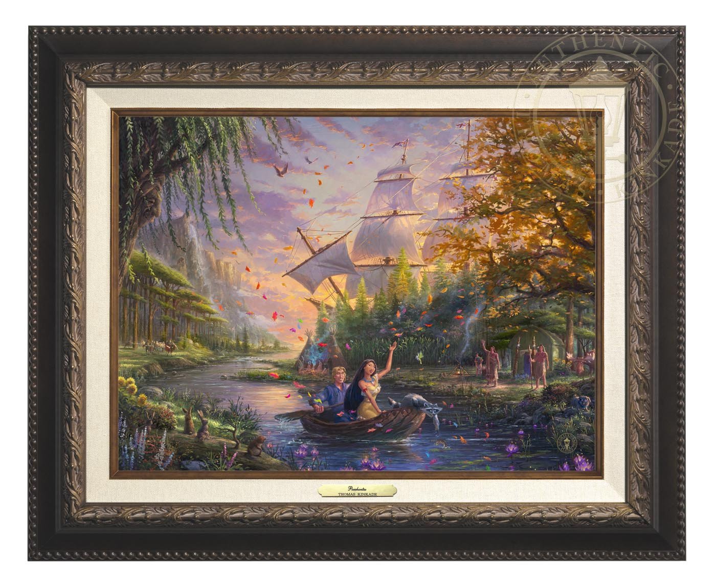 Pocahontas’s friends, the raccoon Meeko and hummingbird Flit, keep a careful watch over her as she and John Smith travels downstream - Aged Bronze Frame