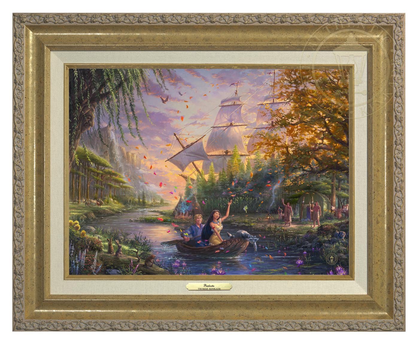 Pocahontas’s friends, the raccoon Meeko and hummingbird Flit, keep a careful watch over her as she and John Smith travels downstream - Antique Gold Frame