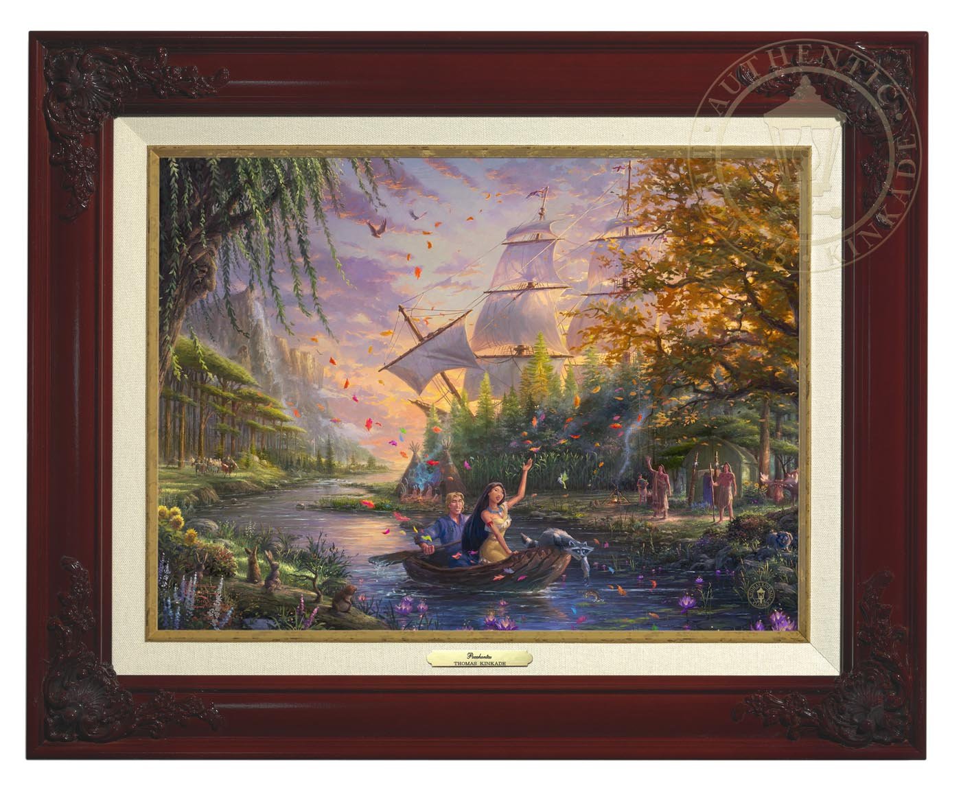 Pocahontas’s friends, the raccoon Meeko and hummingbird Flit, keep a careful watch over her as she and John Smith travels downstream - Brandy Frame