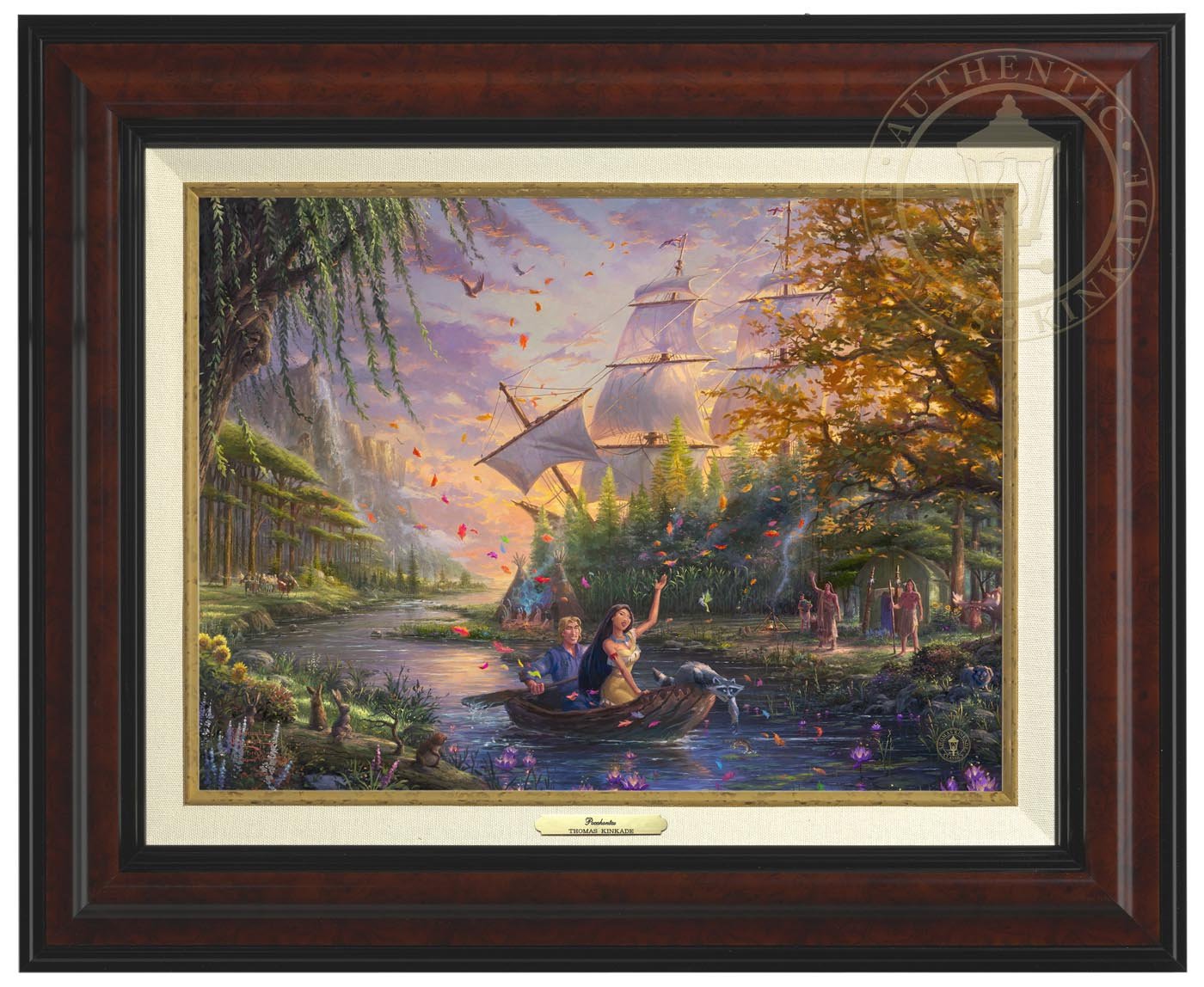 Pocahontas’s friends, the raccoon Meeko and hummingbird Flit, keep a careful watch over her as she and John Smith travels downstream - Burl Frame