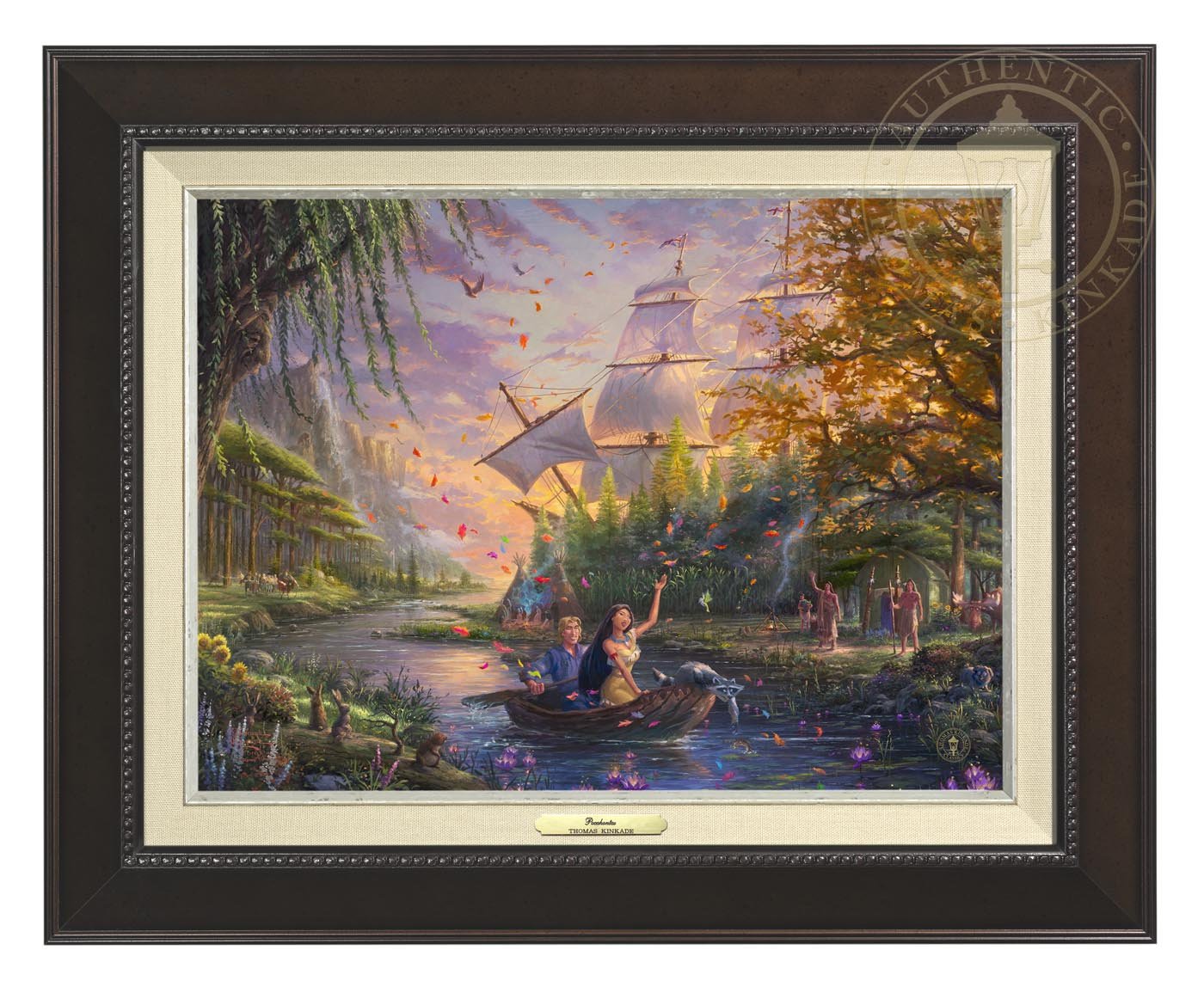 Pocahontas’s friends, the raccoon Meeko and hummingbird Flit, keep a careful watch over her as she and John Smith travels downstream - Espresso  Frame