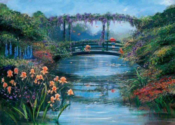 On a bright clear day, Winnie the Pooh, Piglet, Tigger, and Christopher Robin check out what lies below the waters as they look down from the Giverny Japanese garden bridge.