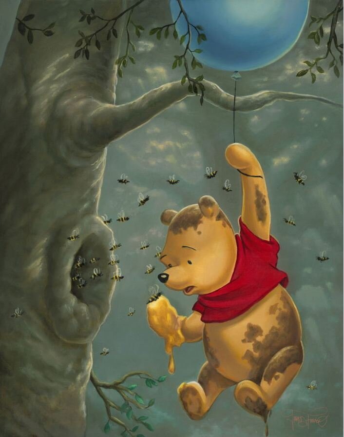 Pooh finds himself in a sticky situation as the bees start to fly out of hive as he hangs on to his blue balloon.e tree limb.