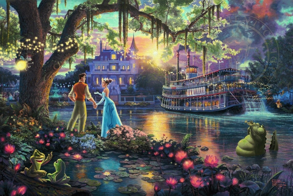 Tiana meets Prince Naveen,  who has been turned into an amphibian by evil Dr. Facilier share the stage with the bayou river swamp - unframed
