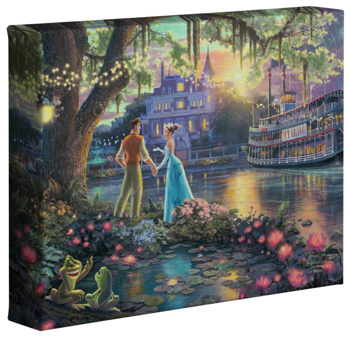 Tiana and the Prince stand by the bayou river edge holding hands under the oak tree, as the two frogs (Tiana and the Prince) watch. 8x10