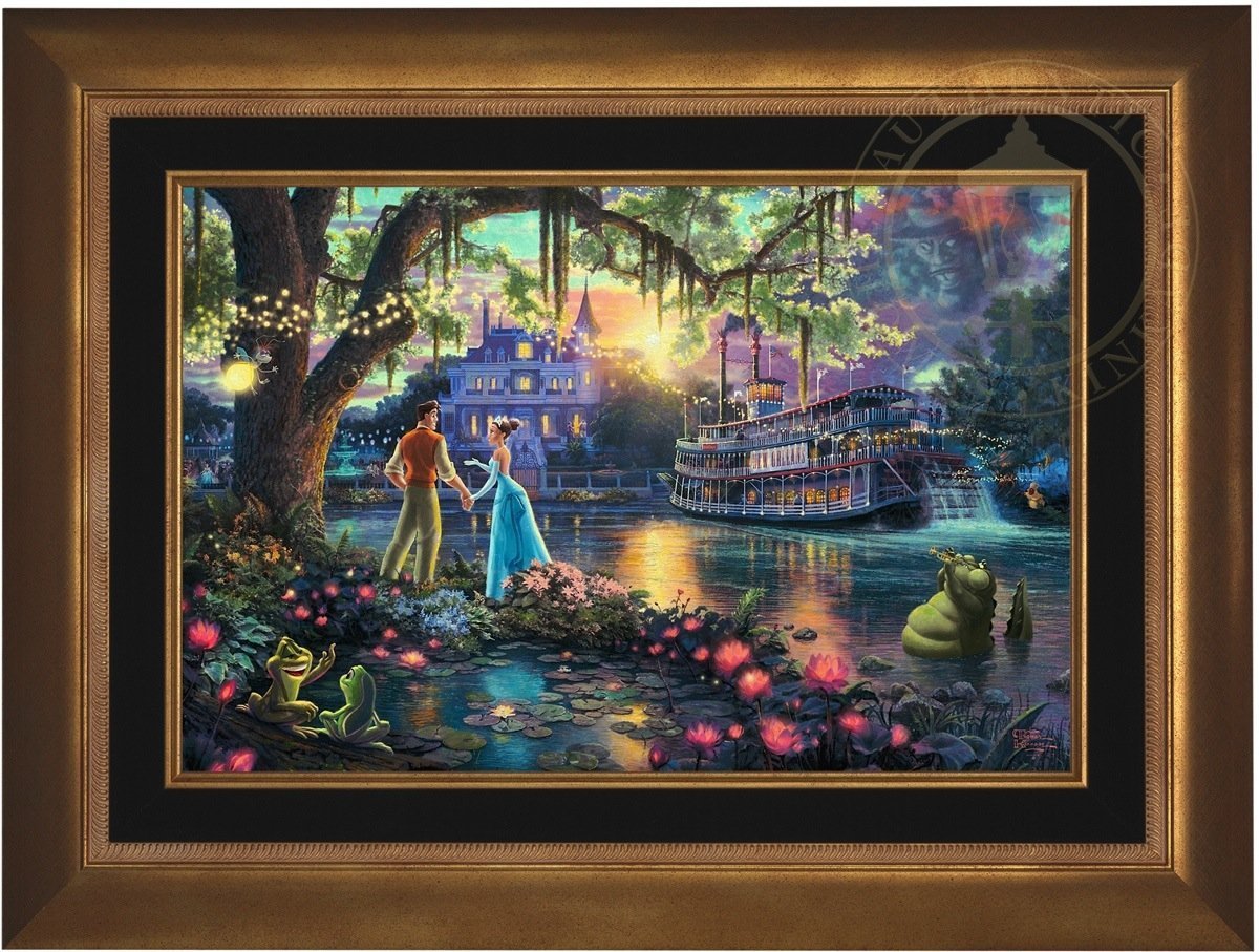 Tiana meets Prince Naveen,  who has been turned into an amphibian by evil Dr. Facilier share the stage with the bayou river swamp creatures - Aurora Gold Frame