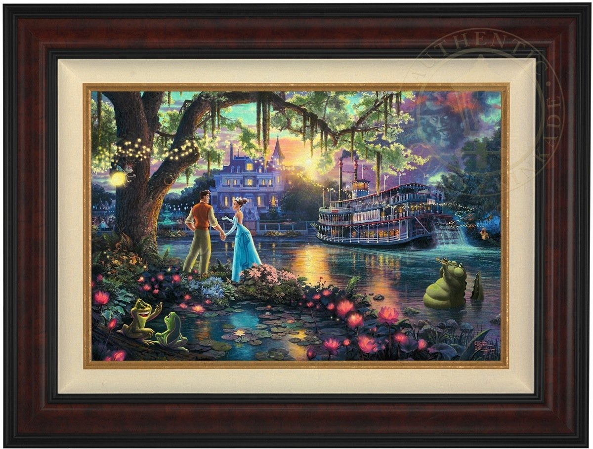 Tiana meets Prince Naveen,  who has been turned into an amphibian by evil Dr. Facilier share the stage with the bayou river swamp creatures - Burl Frame