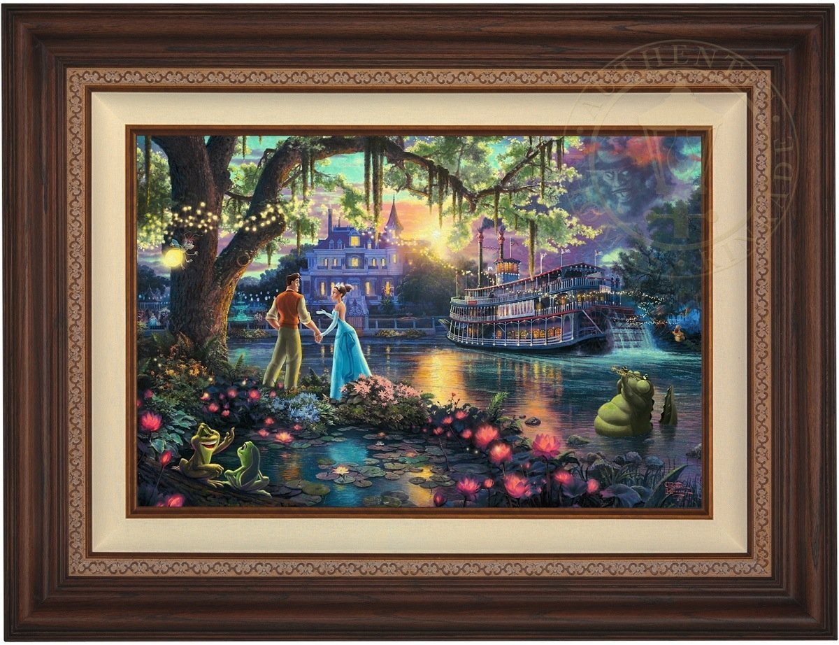Tiana meets Prince Naveen,  who has been turned into an amphibian by evil Dr. Facilier share the stage with the bayou river swamp creatures - Dark Walnut Frame