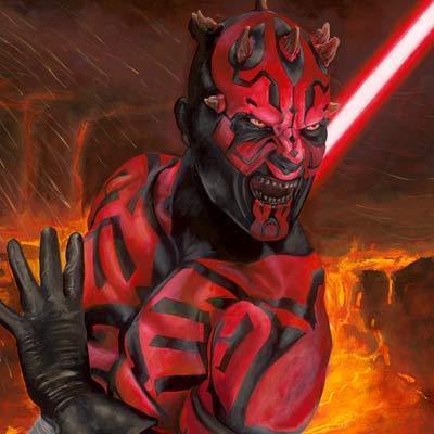 Portrait of Darth Maul with double-bladed lightsaber in hand - Closeup