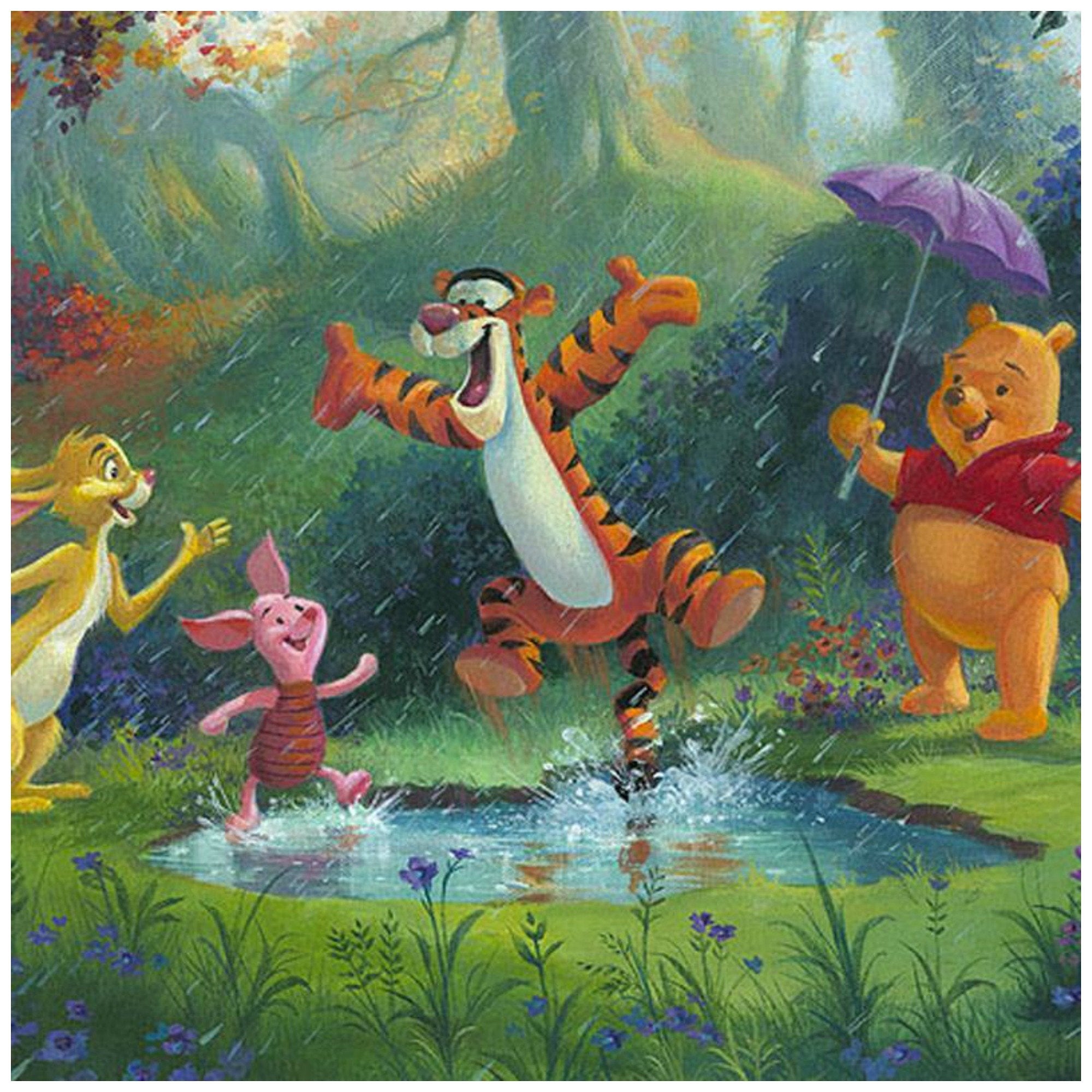 Puddle Jumping by Michael Humphries  Tigger, and Piglet, are playing in a large puddle of water, as Rabbit and Winnie the Pooh watch - closeup