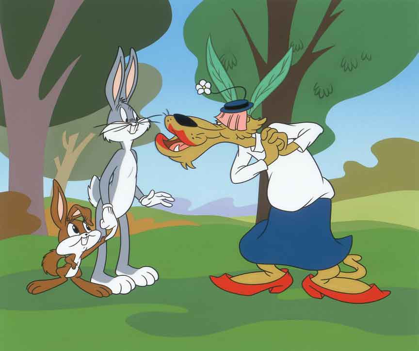 Bugs Bunny and little brown rabbit meet up with Pete Puma disguised as a female..