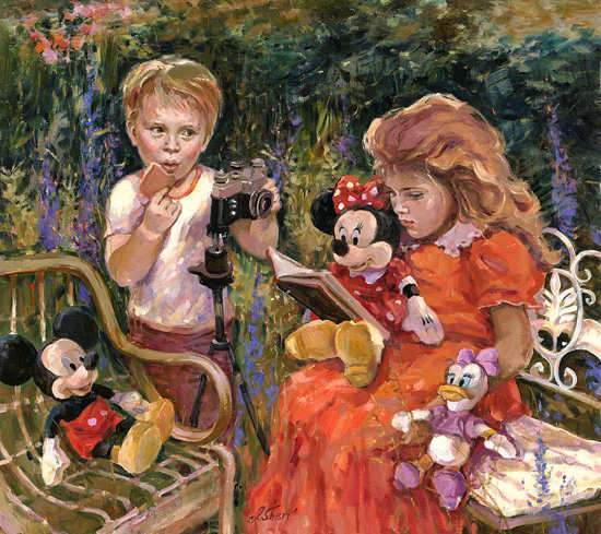 Little red-headed girl and her friend are sitting in the garden, as she reads to her stuffed friends, Minnie, Mickey and Daisy. 