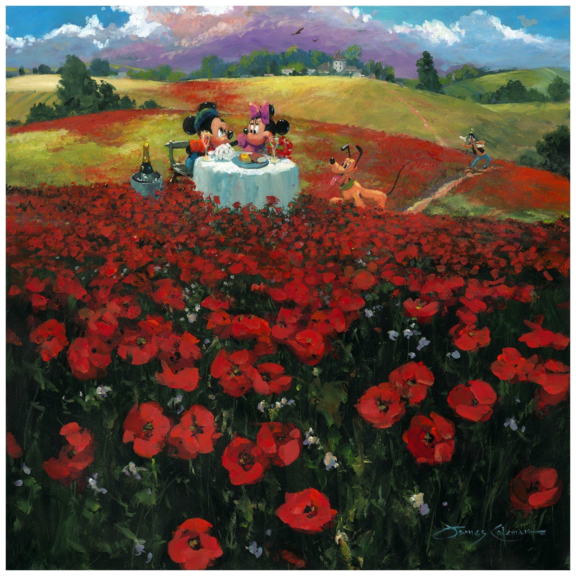 Red Poppies by James Coleman  Mickey and Minnie are dining in the middle of a red poppies field, overlooking the sight of the hills.