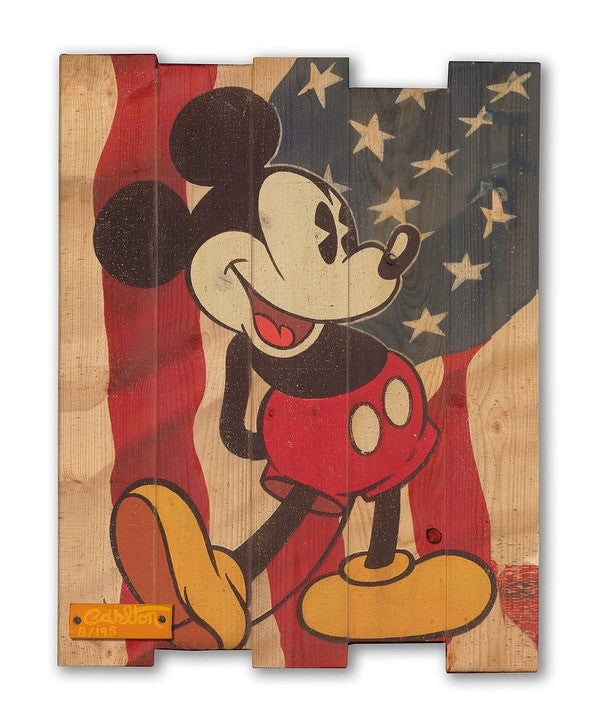 Red White and Blue By Trevor Carlton.  Mickey in front of Red White and Blue Flag.