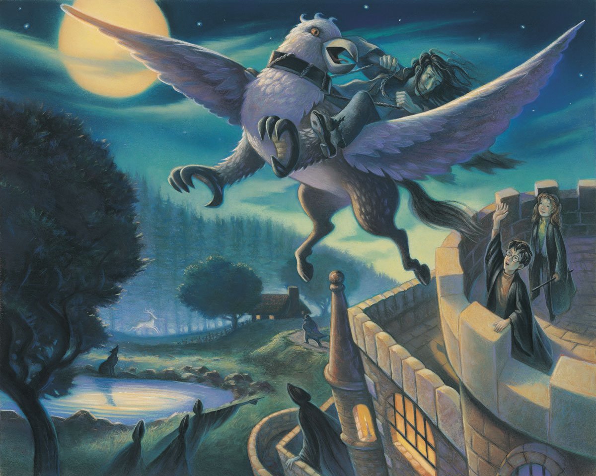 Sirius Black riding off on Buckbeak the hippogriff away to a hidden place.
