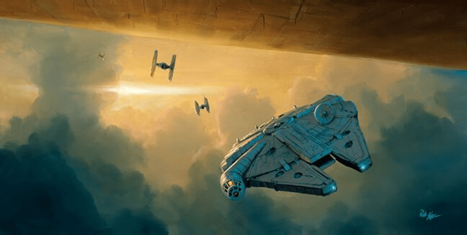 The  Millennium falcon fly's under the Cloud City where Luke is clinging on to a weather vane.