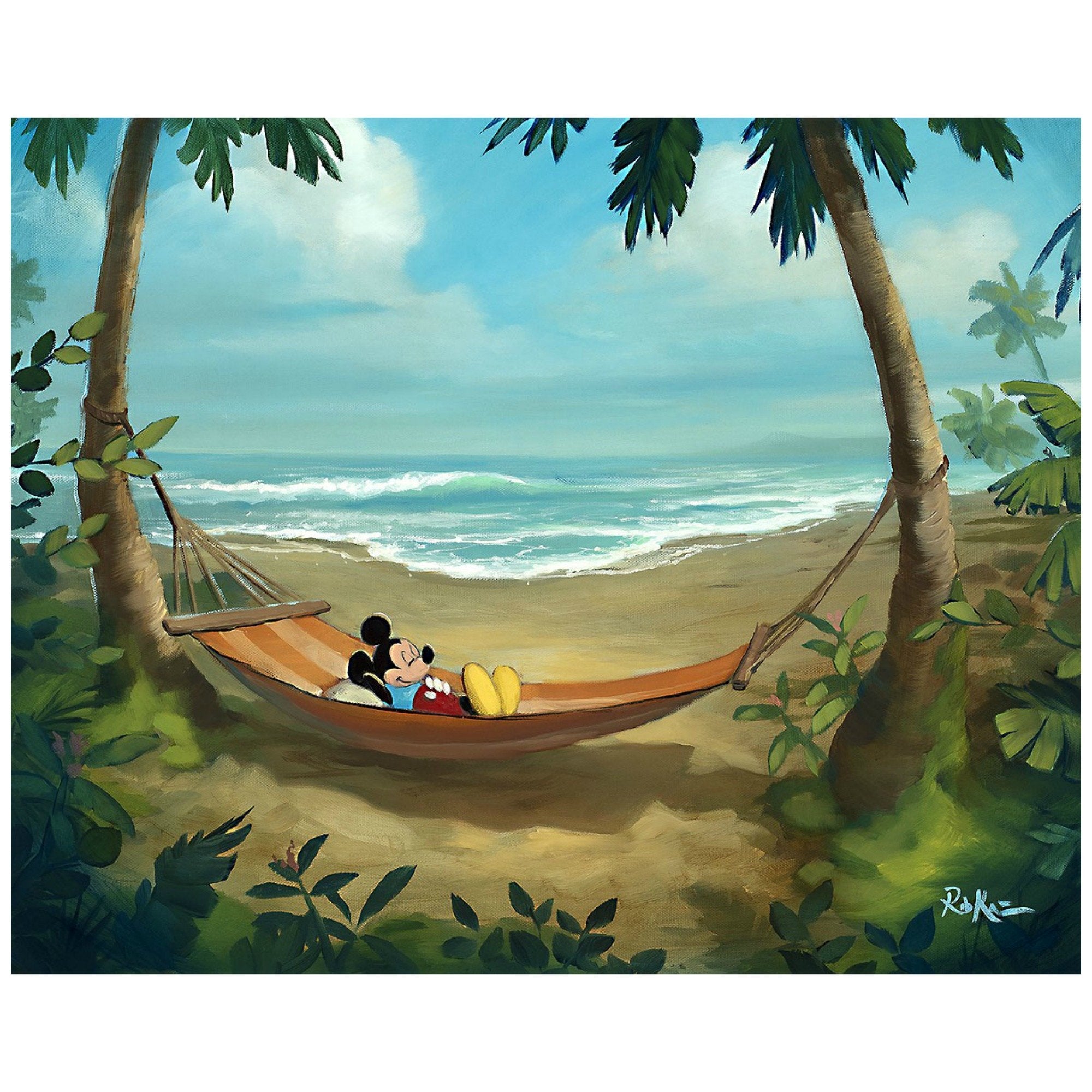 Rest and Relaxtion by Rob Kaz.  Mickey sleeping in a hammock, that is stretched and hangs from two palm trees, on a tropical beach.