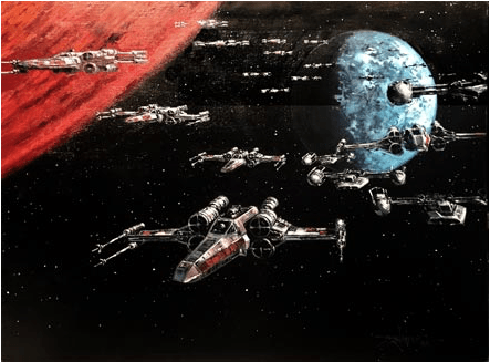 The Rebel Alliance flying away from the soon to be destroyed Death Star.