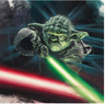 Yoda holding his lightsaber in a fight between Good Vs. Evil.