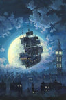 Sailing into the Moon by Rodel Gonzalez.  The magical Jolly Roger pirate ship sails over the London's moonlight.
