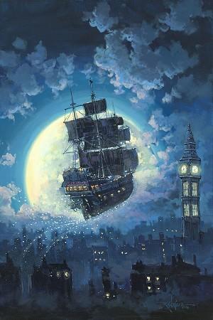 Sailing into the Moon by Rodel Gonzalez.  The magical Jolly Roger pirate ship sails over the London&