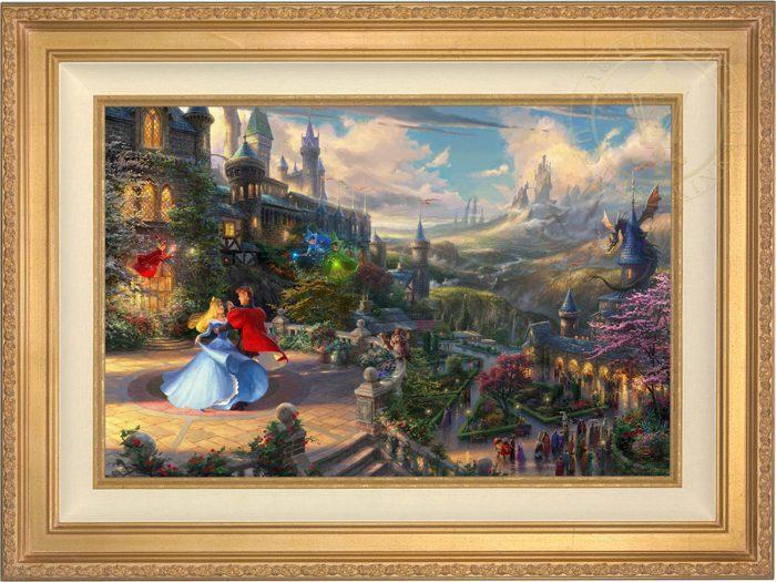 Prince Phillip has awakened Princess Aurora with true love’s kiss, dancing in courtyard under an enchanted light streaming down from the good fairies - Antique Gold Frame