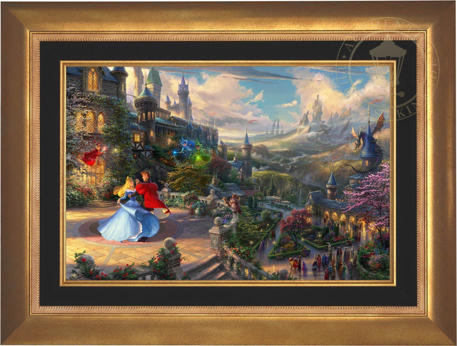 Prince Phillip has awakened Princess Aurora with true love’s kiss, dancing in courtyard under an enchanted light streaming down from the good fairies - Aurora Gold Frame