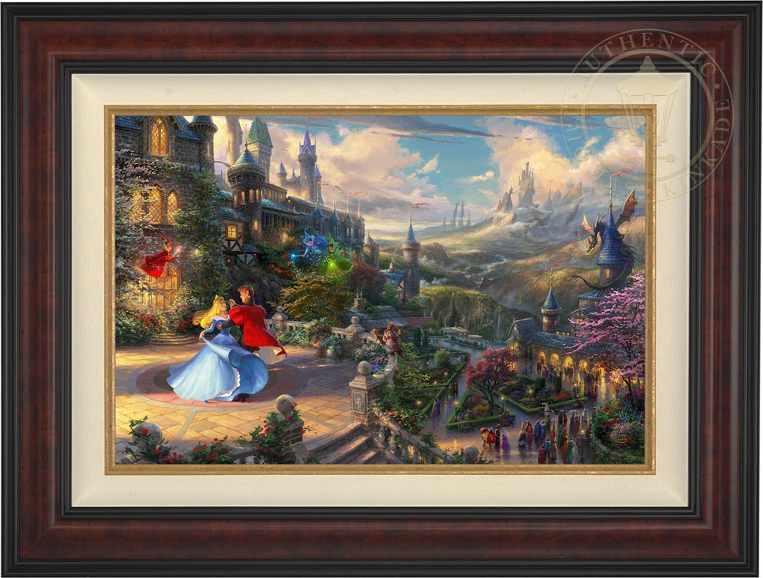 Prince Phillip has awakened Princess Aurora with true love’s kiss, dancing in courtyard under an enchanted light streaming down from the good fairies - Burl Frame