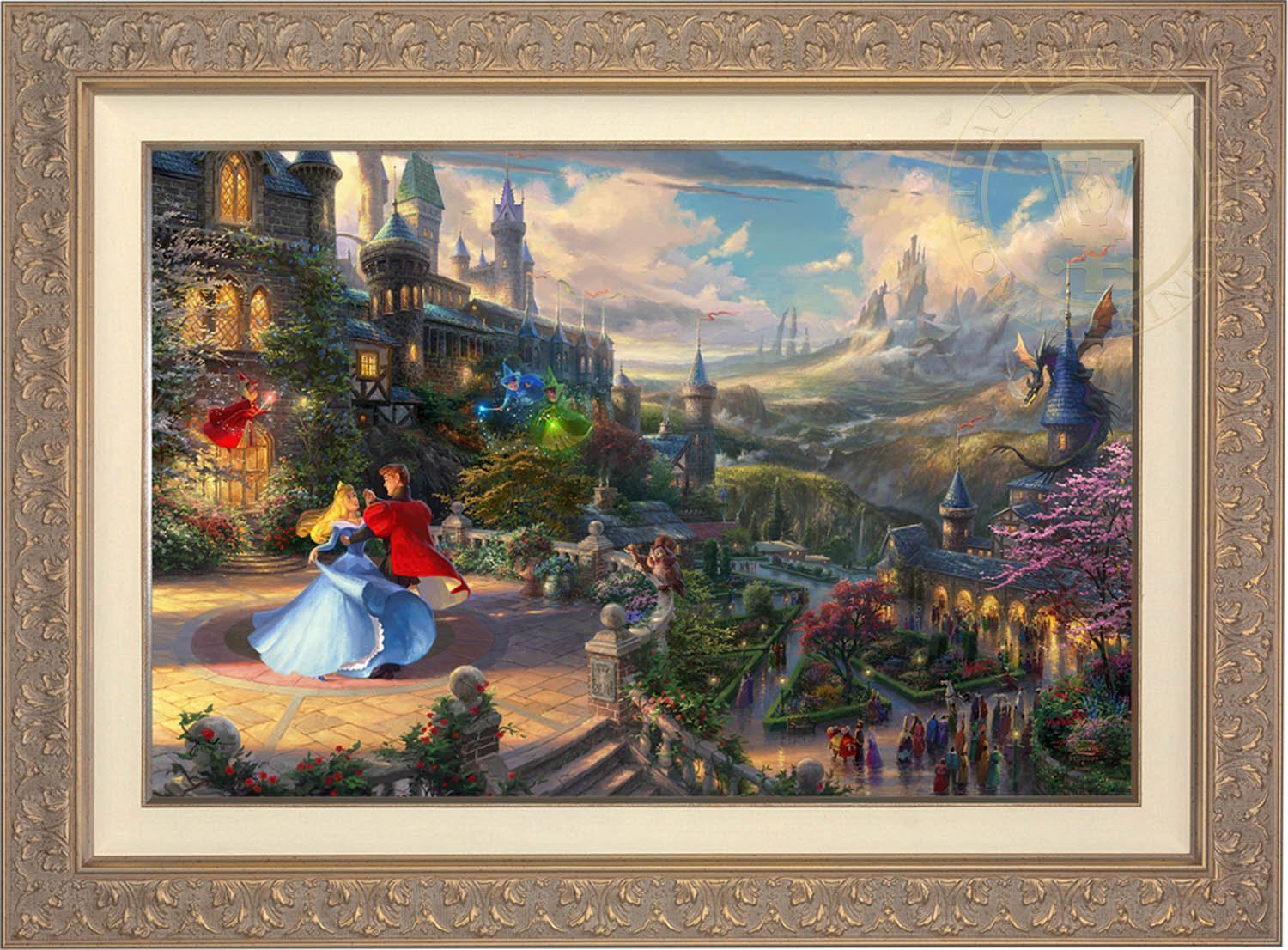 Prince Phillip has awakened Princess Aurora with true love’s kiss, dancing in courtyard under an enchanted light streaming down from the good fairies - Carrisa Frame