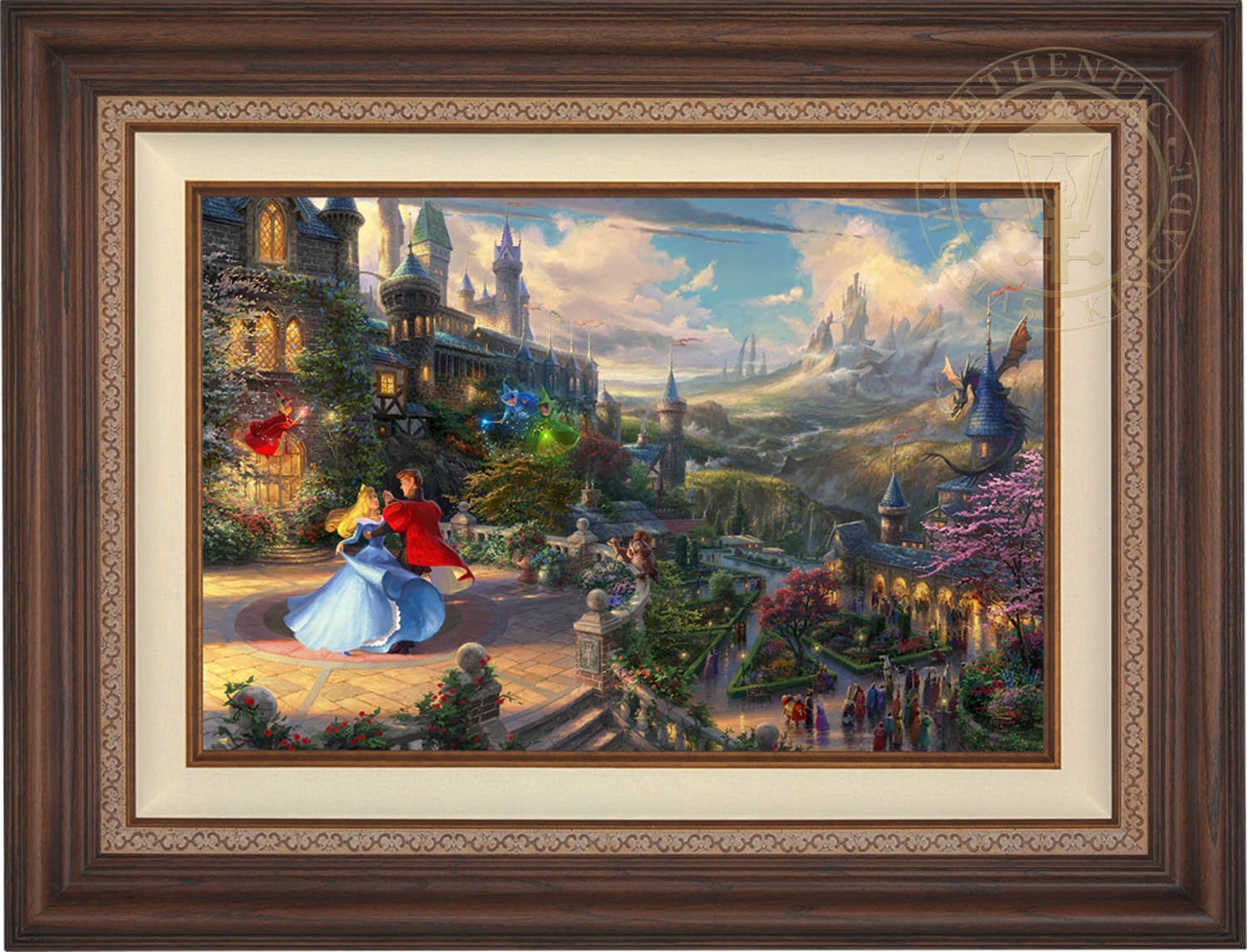 Prince Phillip has awakened Princess Aurora with true love’s kiss, dancing in courtyard under an enchanted light streaming down from the good fairies - Dark Walnut Frame