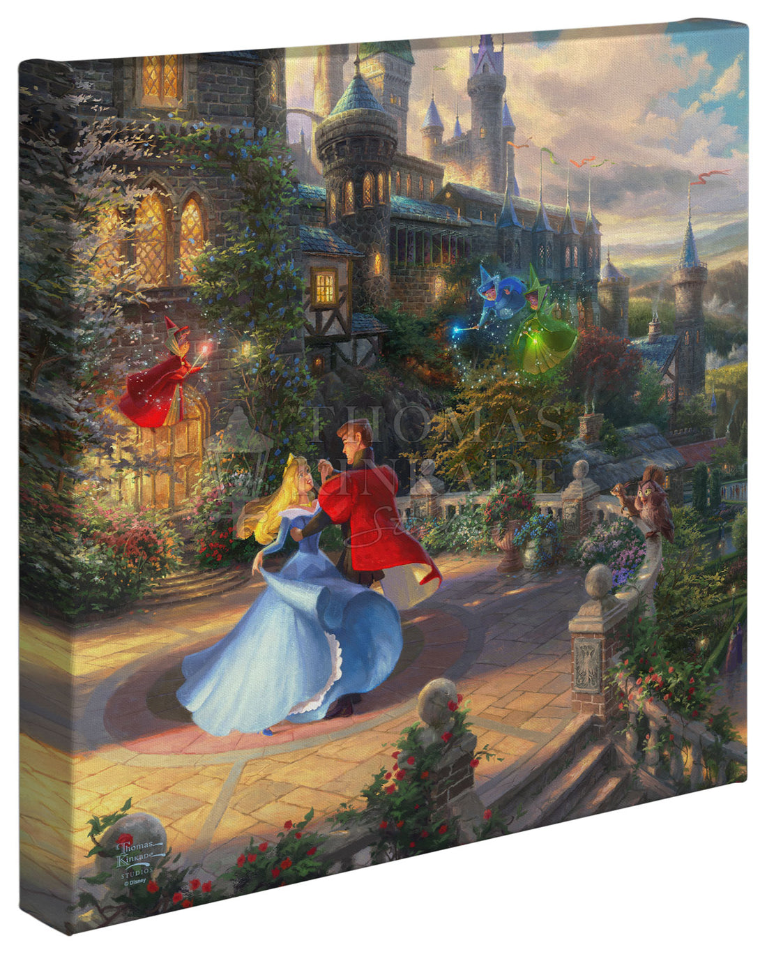Aurora and the Prince are in the courtyard under an enchanted light streaming down from the good fairies.